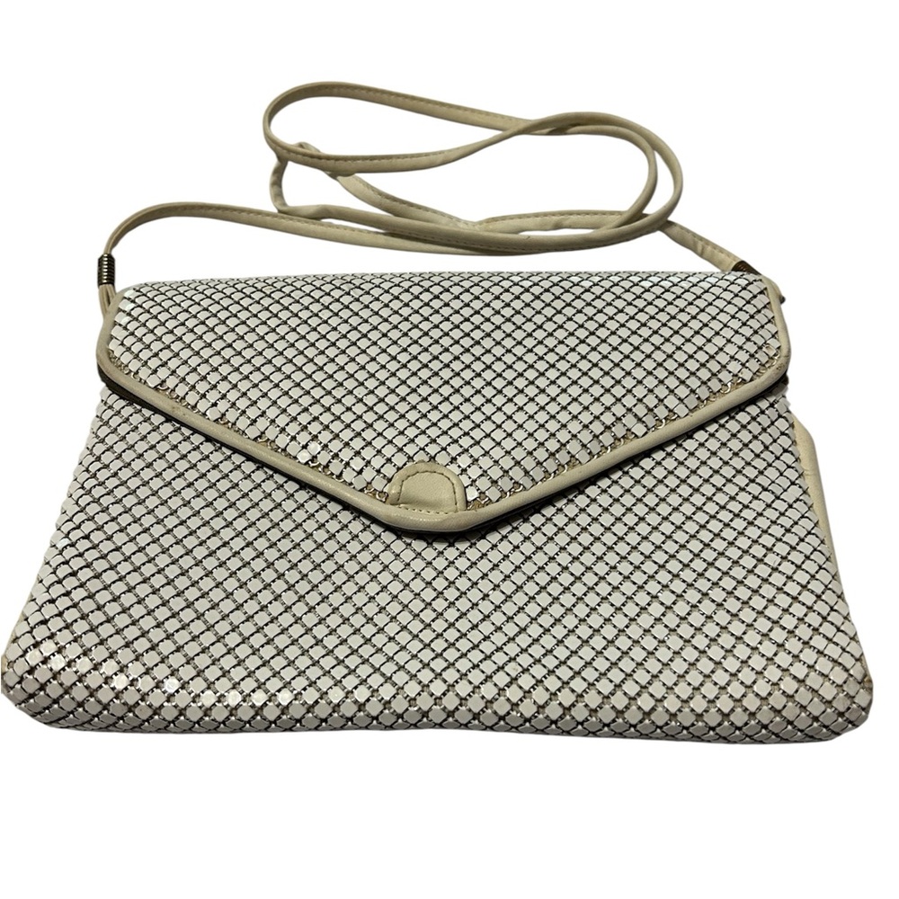 Whiting & Davis Vintage White Mesh Clutch Leather Trim Handbag Purse